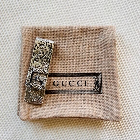 Gucci Money Clip GG Silver 925 Authentic Luxury Gift Wallet Floral Metal Men NIB - Picture 1 of 4
